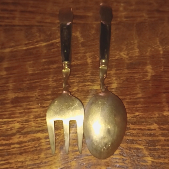 Vintage 1950's Siam Bronze & Ebony Buddha Server Spoon and Fork - Picture 3 of 4